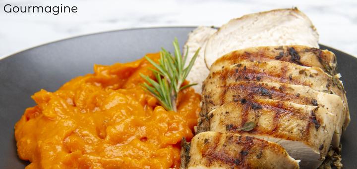 Image of a plate with cut pork and tasty carrot puree