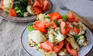 A plate filled with chicken pieces, cauliflower, broccoli and tomatoes
