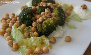 Brokkolistücke, Kichererbsen und Salatblätter angerichtet auf einem weissen Teller