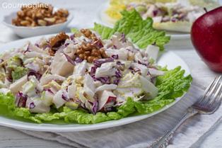 White plate with a mixture of Chinese cabbage, red cabbage, apples and onions on a grey table